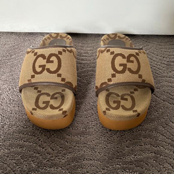 Gucci Supreme Jumbo GG Monogram Platform Slide Sandal Camel Canvas Maxi Size 39 - Picture 3 of 16